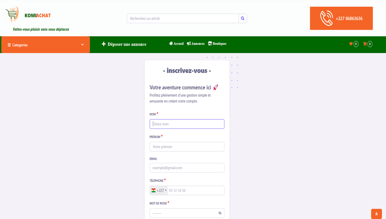 Page d'inscription